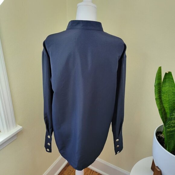 Shein Stand Up Collar Long Sleeve Blouse SZ L Button Up/Button Cuffs Blue Shirt - Picture 8 of 13